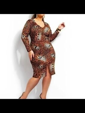 Monif C. 3X Plus Size Leopard Cheetah Print Sexy Midi Dress in Brown Black Tan